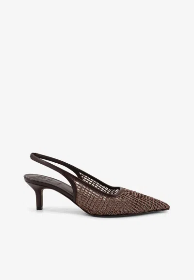 Brunello Cucinelli 60 Decolletè Lurex Mesh Slingback Pumps In Brown