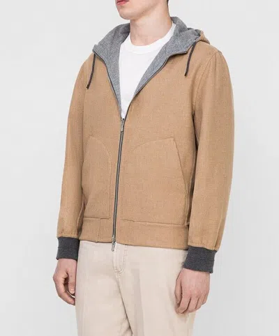 Pre-owned Brunello Cucinelli $6495  Reversible Tan Gray Cashmere Hooded Jacket 52 Eu Large In Multicolor