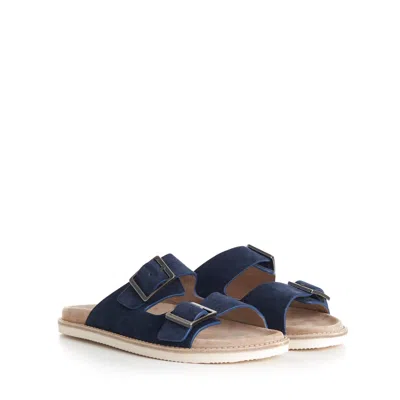 Pre-owned Brunello Cucinelli 795$ Blue Urban Slide Sandals - Suede, Straps With Buckle