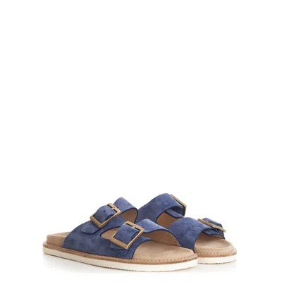 Pre-owned Brunello Cucinelli 795$ Blue Urban Slide Sandals - Washed Suede, Buckle, Shoes