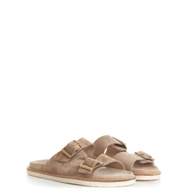 Pre-owned Brunello Cucinelli 795$ Light Brown Slide Sandals - Washed Suede, Buckle