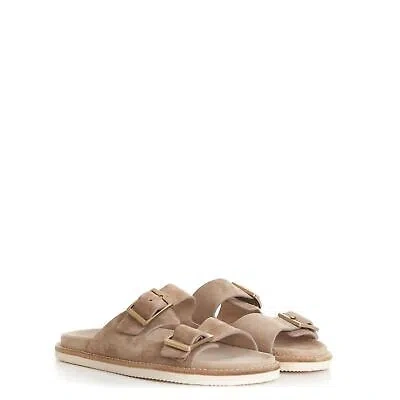 Pre-owned Brunello Cucinelli 795$ Light Brown Slide Sandals - Washed Suede, Buckle