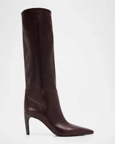 Brunello Cucinelli 80mm Leather Knee-high Boots With Monili Heel In Brown