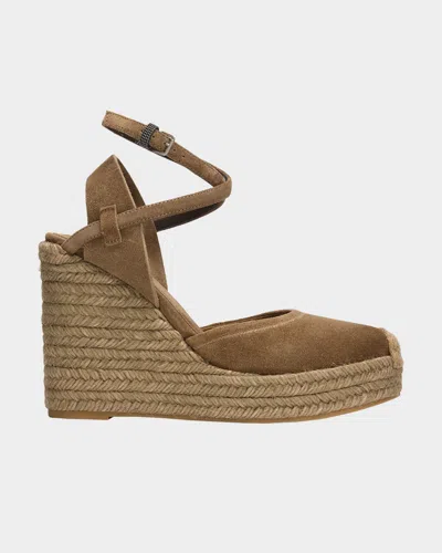 Brunello Cucinelli 80mm Monili Suede Espadrille Wedge Sandals In Brown
