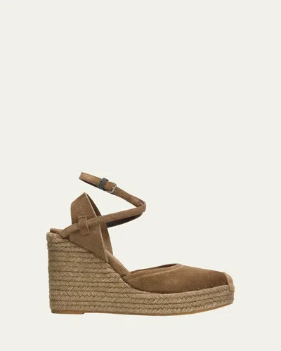 Brunello Cucinelli 80mm Monili Suede Espadrille Wedge Sandals In Brown