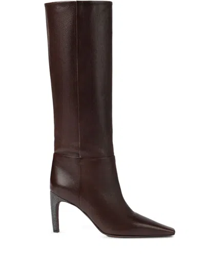 Brunello Cucinelli 80mm Pointed Heel Leather Boots In Brown