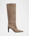Brunello Cucinelli 85mm Soft Velour Knee-high Boots With Monili Heel In Neutral