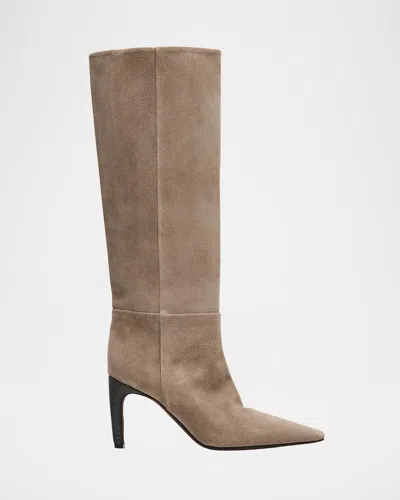Brunello Cucinelli 85mm Soft Velour Knee-high Boots With Monili Heel In Neutral