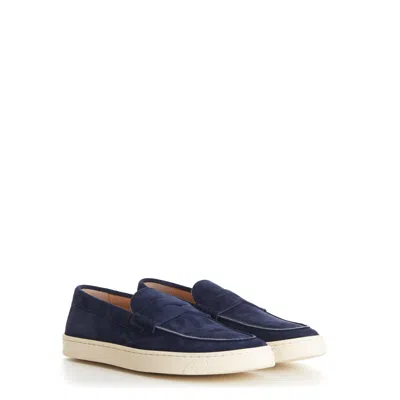 Pre-owned Brunello Cucinelli 995$ Blue Suede Loafer Sneakers - Natural Rubber Sole