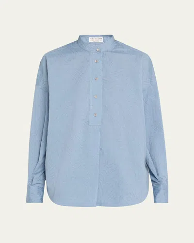 Brunello Cucinelli Abstract Animal Jacquard Mandarin Collar Top In Dusty Blue