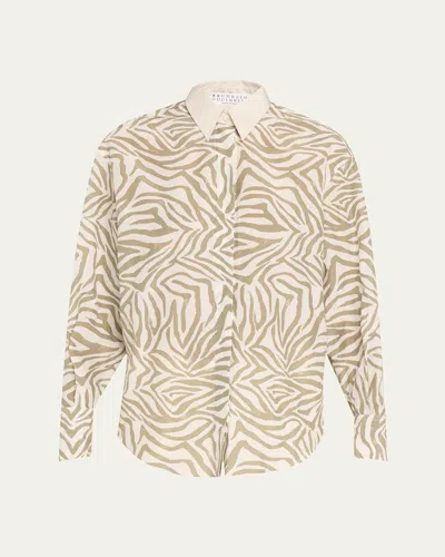Brunello Cucinelli Abstract Animal Print Button Down Shirt In Panama Khaki