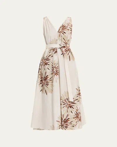 Brunello Cucinelli Abstract Dahlia Sleeveless Belted Midi Dress In White