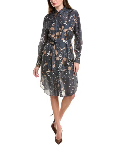 Brunello Cucinelli Abstract Leaf Print Silk Shirt Dress In Blue
