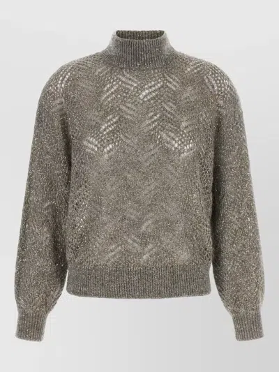 Brunello Cucinelli Abstract Leaf Sequin Mohair Turtleneck Sweater In Brown