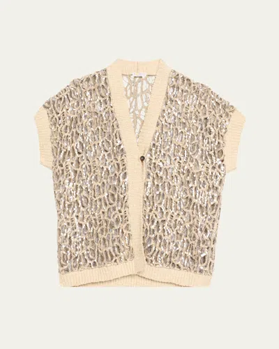 Brunello Cucinelli Abstract Net Sequined Knit Opera Cardigan In Sand