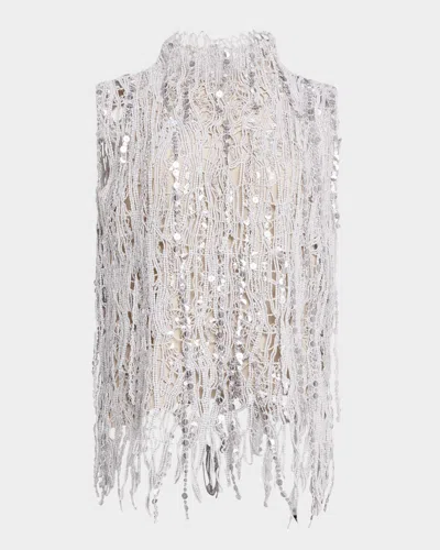 Brunello Cucinelli Abstract Paillette Macrame Embroidered Tank Top In Cxe54 Light Grey
