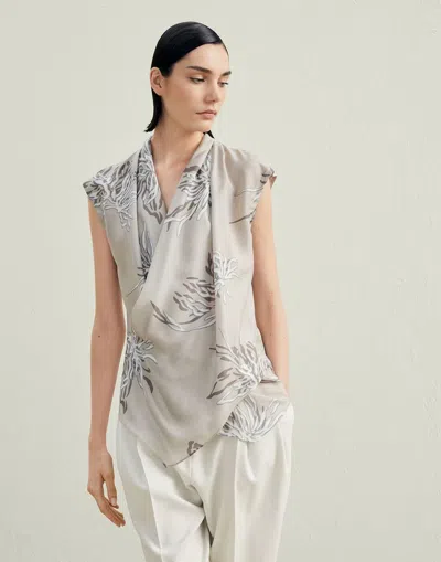 Brunello Cucinelli Abstract-print Silk Blouse In Gray