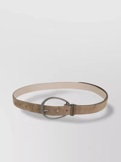 Brunello Cucinelli Adjustable Suede Loop Belt With Metallic Hardware In Brown