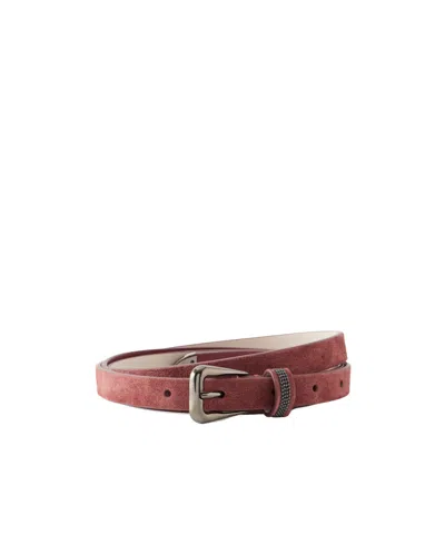 Brunello Cucinelli Embellished Suede Skinny Belt In Burgundy