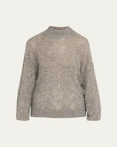 Brunello Cucinelli Airy Shimmer Open-knit Mock Neck Sweater In Grey