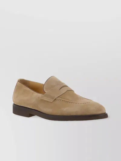 BRUNELLO CUCINELLI ALMOND TOE CALFSKIN LOAFERS WITH LEATHER BLOCK HEEL