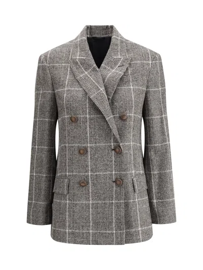 Brunello Cucinelli Alpaca And Wool Prince De Galles Blazer In Gray
