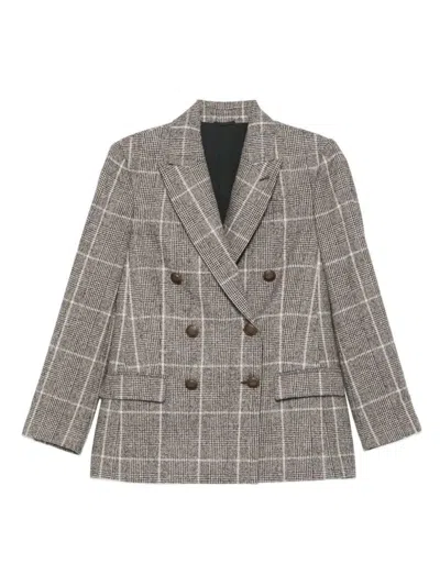 BRUNELLO CUCINELLI BRUNELLO CUCINELLI ALPACA AND WOOL PRINCE OF WALES DOUBLE-BREASTED BLAZER WITH MONILI CLOTHING