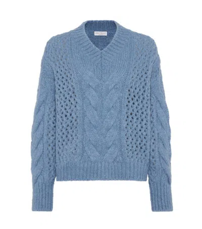 Brunello Cucinelli Alpaca-blend Cable-knit Sweater In Blau