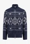 Brunello Cucinelli Geometric Jacquard Cardigan In Wool And Cashmere In Blue