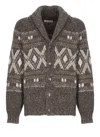 Brunello Cucinelli Wool Cardigan V-neck Geometric Pattern In Brown