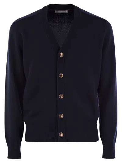 Brunello Cucinelli Classic Alpaca And Wool Cardigan With Metal Buttons In Navy