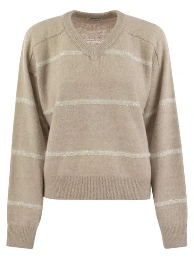 Brunello Cucinelli Alpaca, Cotton And Wool Sweater With Sequins In Beige