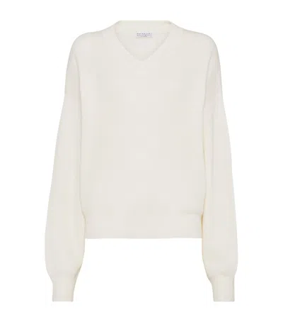 Brunello Cucinelli Alpaca-cotton V-neck Sweater In White