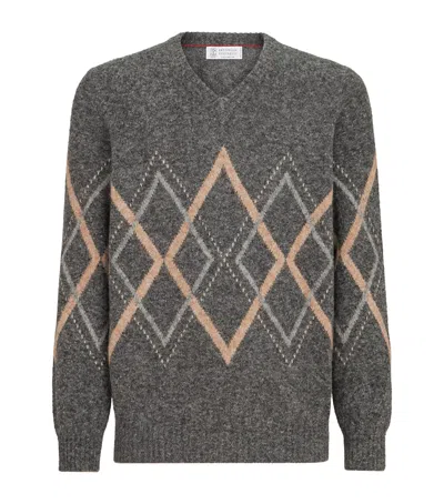 Brunello Cucinelli Alpaca-blend Argyle Sweater In Gold
