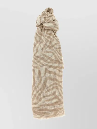 Brunello Cucinelli Animal Print Linen Scarf With Frayed Edges In Multicolor