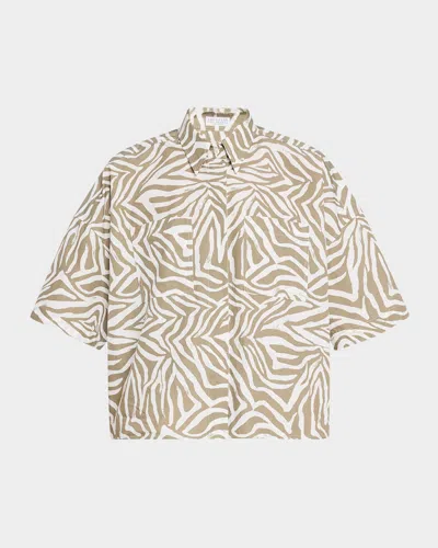 Brunello Cucinelli Animalier-print Short-sleeve Button-down Shirt In C003 Khaki