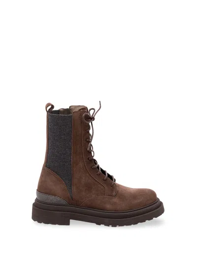 Brunello Cucinelli Suede Ankle Combat Boots In Brown