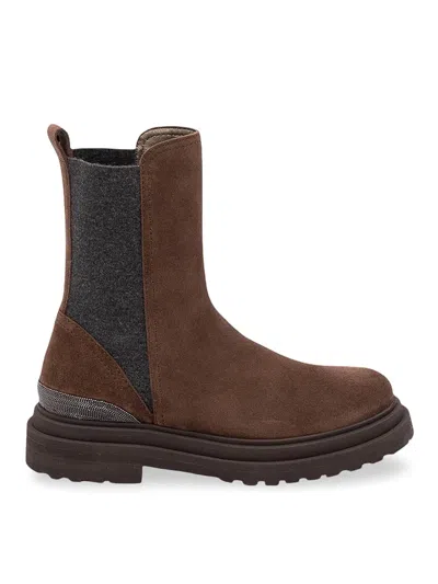 Brunello Cucinelli Monili-embellished Suede Ankle Boots In Brown