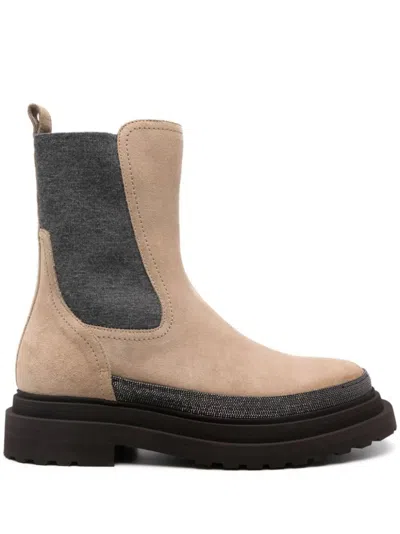 Brunello Cucinelli Ankle Boots With Suede And Textured Fabric Design