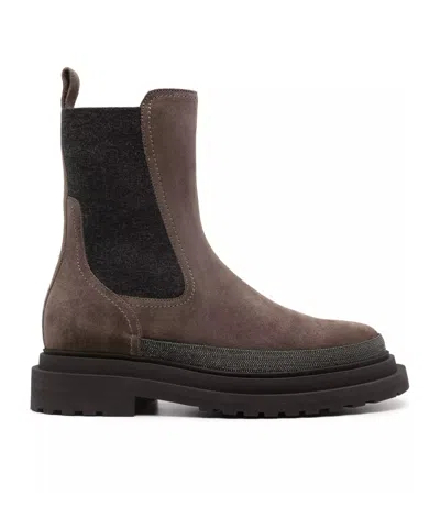 Brunello Cucinelli Suede Boot With Knitted Insert And Precious Loop Detail In Brown