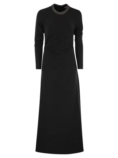 BRUNELLO CUCINELLI BRUNELLO CUCINELLI DRAPED DRESS IN STRETCH VIRGIN WOOL JERSEY WITH PRECIOUS COLLAR