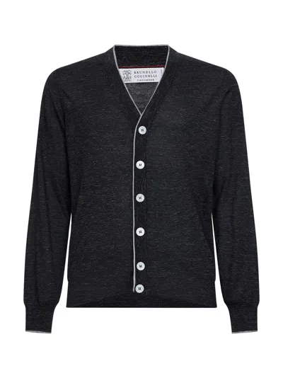Brunello Cucinelli Anthracite Cashmere And Silk And Hemp Lightweight Cardigan In Black