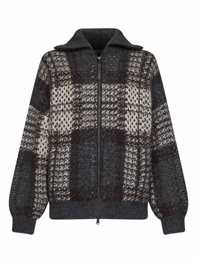 Brunello Cucinelli Anthracite Dazzling Tartan Double Knit Cardigan With Shiny Zipper Pull In Gray