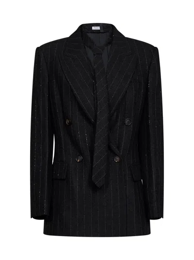 Brunello Cucinelli Anthracite Sequin Pinstriped Wool-blend Blazer With Tie In Black