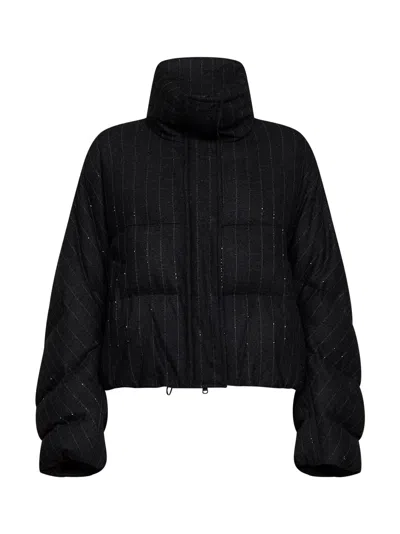 Brunello Cucinelli Anthracite Sequin Pinstriped Wool-blend Puffer Jacket In Black