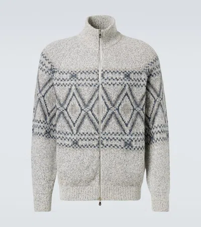 Brunello Cucinelli Argyle Wool, Silk And Cashmere Cardigan In Gray