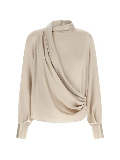 Brunello Cucinelli Draped Silk Blouse High Neck Design In Neutral