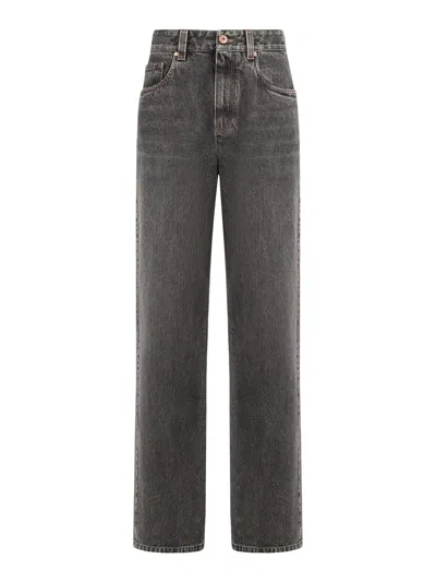 Brunello Cucinelli Authentic Denim Contemporary Loose Pants With Jewelry Pattern In Gray