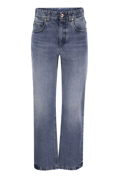 Brunello Cucinelli Authentic Denim Loose Trousers With Shiny Tab In Blue