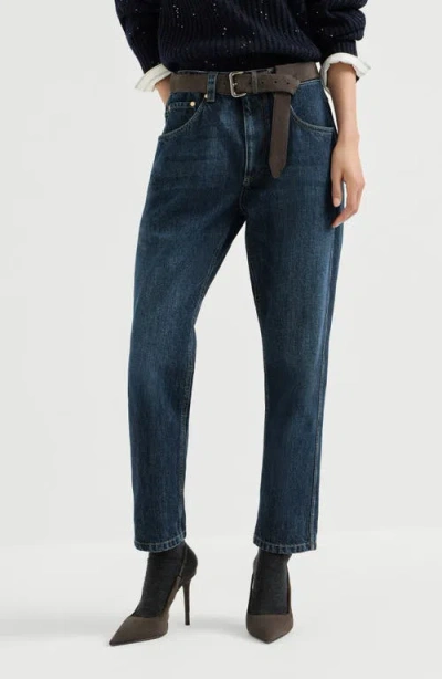 Brunello Cucinelli Authentic Denim Straight Trousers With Shiny Bartack In Blue